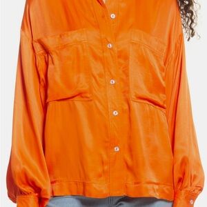 Topshop Bright Orange Satin Button Down Shirt